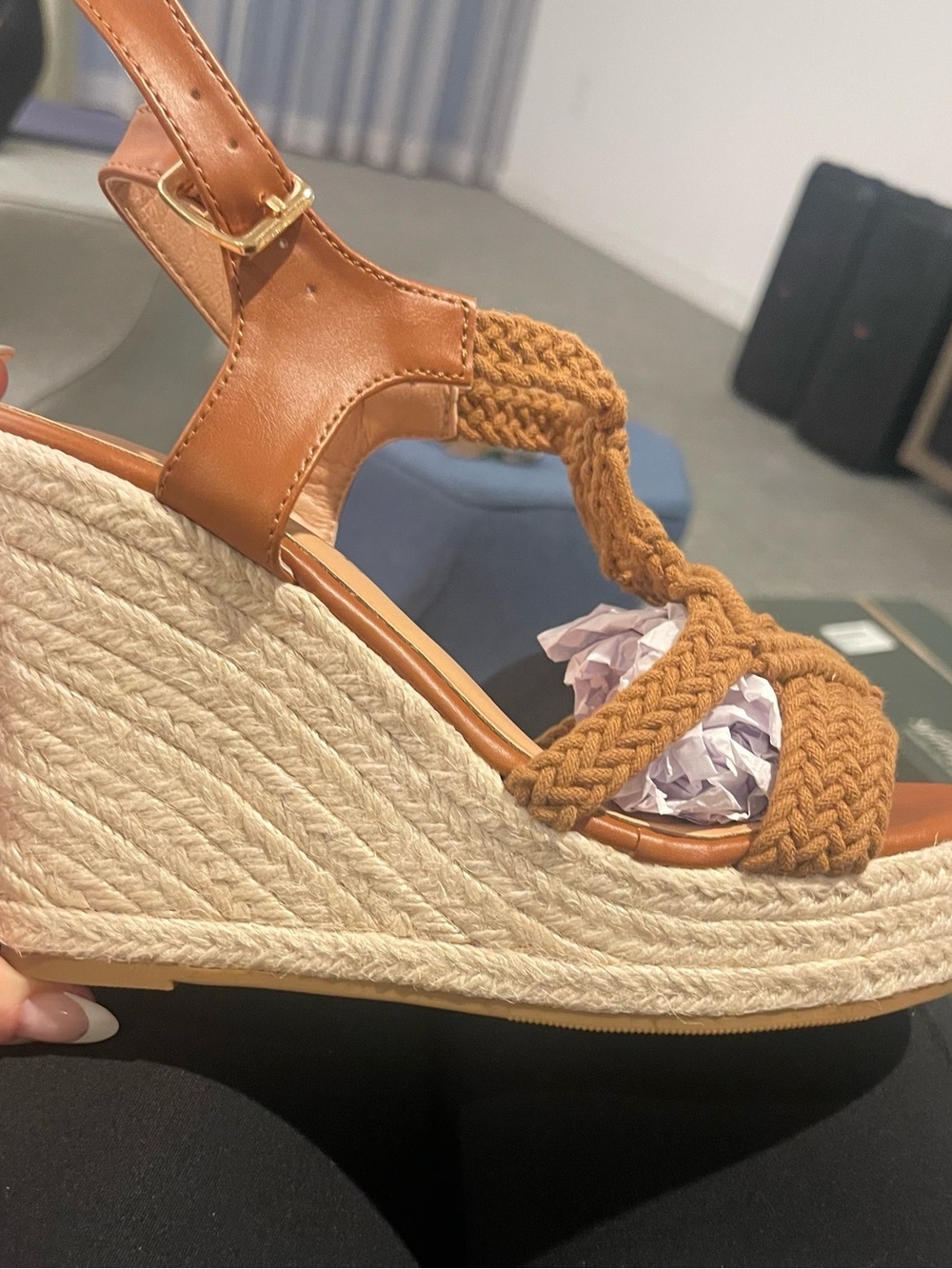 RUSAUISE Women’s Boho Macramé Espadrille Wedge Sandals – Brown – New in Box